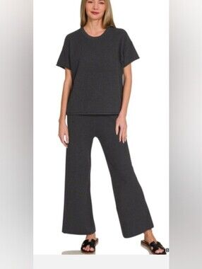 Zenana Viscose Round Neck Top & Pants Set in Black -Size MEDIUM
